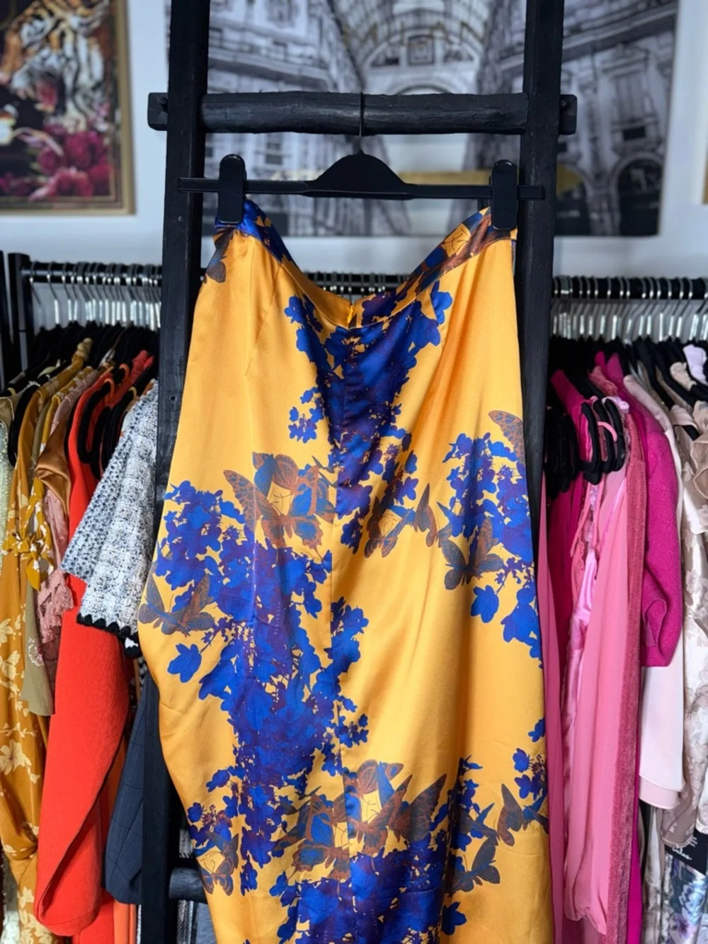 ALLSAINTS Carla Venetia Ruched Midi Skirt Gold Blue Floral Womens US 8 EUC